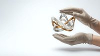 Hands wearing medical gloves holding golden abstract molecular or DNA structure model against white background for scientific research and biotechnology concepts.