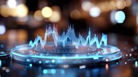 Holographic sound wave visualization with glowing blue peaks displayed on circular platform against blurred bokeh background, representing audio frequency, data analysis, music technology, and digital innovation.