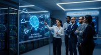 Professional woman presenting AI neural network technology to business executives in modern data center with holographic brain display and cloud computing icons.