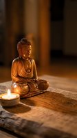 Golden Buddha statue in meditation pose with glowing candle on wooden surface creating peaceful spiritual atmosphere for mindfulness and zen practices.