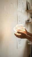 Close-up of dark-skinned male hands holding glowing transparent glass orb with warm light inside, against neutral beige wall background. Suitable for concepts of innovation, ideas, energy, sustainability.