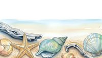 Marine life collection with seashells, starfish and whale on sandy beach shore for coastal home decor and ocean-themed designs.
