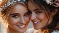 Young Caucasian women with flower crowns share joyful moment at sunset, faces close together, radiating happiness with genuine smiles and natural makeup in warm golden light.