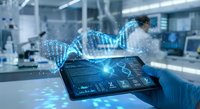 Digital DNA helix hologram emerging from tablet in modern laboratory for genetic research and biotechnology applications.