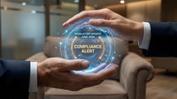 Businessman hands holding glowing holographic compliance alert sphere with regulatory update June 2024, futuristic business concept.