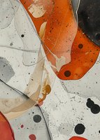 Abstract fluid art composition featuring dynamic swirls of orange, black, and white with scattered dots and organic shapes creating modern wall decor appeal.