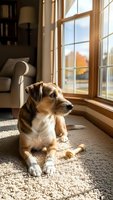 Adorable mixed breed dog relaxing on carpet by sunny window in cozy living room with autumn view outside. Warm natural light creates peaceful domestic scene.