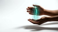 Hands holding glowing digital hologram sphere with futuristic light effects on white background for technology and innovation concepts.