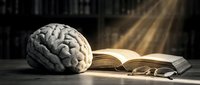 Human brain model with open book and eyeglasses on wooden desk with sunlight rays streaming through window for education and learning concepts.