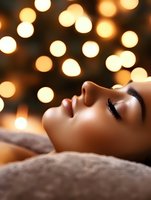 Young woman relaxing at spa with closed eyes and serene expression against warm bokeh lights background, showcasing wellness and beauty treatment atmosphere.