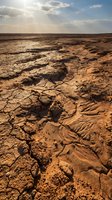 Aerial view of cracked, parched earth with deep fissures under dramatic sunlit sky, depicting severe drought, climate change, and environmental degradation for editorial and awareness campaigns.