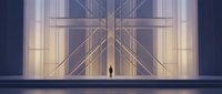 Silhouette of a person standing before massive geometric art deco doors with golden lines and soft lighting, conveying mystery and architectural grandeur for design projects.