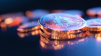 Shiny golden bitcoin coins stacked on blue background with dramatic lighting and shallow depth of field, showcasing cryptocurrency wealth and financial technology.