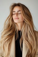 Young Caucasian woman with flowing blonde ombre hair and closed eyes expressing serenity and peace against neutral background, wearing beige coat.