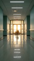 Empty hospital corridor with wheelchair and bright sunlight streaming through glass doors creating warm atmosphere for healthcare facility design.
