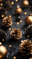 Golden pine cones with magical bokeh lights and glitter on dark background create festive winter holiday atmosphere for seasonal greeting cards and decor.