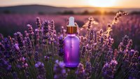 Purple essential oil bottle with dropper in blooming lavender field at golden sunset. Natural aromatherapy and wellness concept for spa and relaxation products.