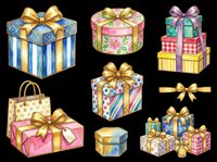 Colorful gift boxes with golden bows isolated on transparent background. Ready for t-shirt designs, clipart, stickers, print-on-demand products, sublimation, and digital crafts.