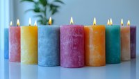 Colorful burning pillar candles in pastel pink, yellow, blue, orange and turquoise arranged in row on white surface with soft bokeh background and green plant.
