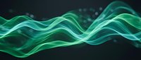 Flowing green energy waves with luminous trails creating dynamic motion patterns against dark background for digital art and technology concepts.