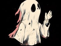 Spooky ghost character waving hand with tattered sheet and dark hollow eyes on black background for Halloween designs and horror themed projects.