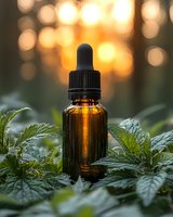 Amber glass dropper bottle with essential oil among fresh green leaves at sunset, glowing bokeh background creates magical atmosphere for wellness products.