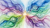 Abstract watercolor painting with flowing organic shapes in vibrant rainbow colors creating dynamic movement and energy for creative projects.