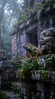 Green iguana resting on moss-covered ancient stone ruins with carved sculptures in misty tropical jungle atmosphere for wildlife and adventure themes.