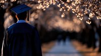 Graduate in cap and gown standing on path beneath blooming cherry trees at sunset, celebrating academic achievement.