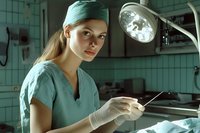 Young female surgeon in operating room wearing surgical cap, mask around neck, and sterile gloves, holding tablet for medical records and patient data management during procedure.