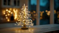 Glowing wire Christmas tree decoration on wooden table with bokeh lights in window background, creating cozy holiday atmosphere.