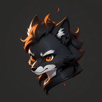 Black wolf character with orange fiery mane and piercing amber eyes against dark background, stylized anime-inspired portrait with white accents and subtle heart detail.