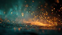 Abstract bokeh background with golden particles and teal blue gradient creating dreamy atmosphere for luxury design projects and creative presentations.