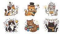Cartoon cats celebrating with champagne, top hat, crown, and party decorations isolated on white background, ready for greeting cards, invitations, and festive designs.