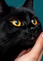 Close-up portrait of black cat with bright yellow eyes against turquoise background, being gently petted by human hand, showing affection and connection.
