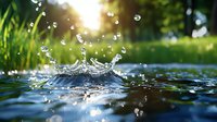 Water drop splash creating crown shape in pond with sunlight rays shining through trees, green grass and bokeh bubbles in summer nature background.