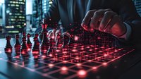 Businessman playing chess on digital board with red glowing network pattern overlay, representing strategy and artificial intelligence in modern business.