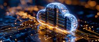 Glowing digital cloud symbol on circuit board with light trails and bokeh effects, representing cloud computing and data storage technology in modern IT infrastructure.