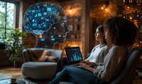 Young African American woman and Asian colleague analyzing digital brain hologram with glowing icons while working on tablet in cozy office space.