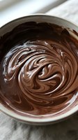 Melted chocolate swirled in white ceramic bowl on marble surface, ready for baking, dipping, or confectionery preparation and culinary use.