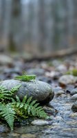 Green grasshopper perched on moss-covered stone beside forest stream with ferns and blurred woodland background creating peaceful natural scene.