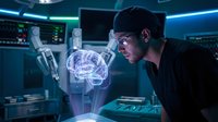 Young male scientist examining holographic brain projection in futuristic laboratory with advanced technology and blue ambient lighting for medical research.