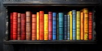 Colorful vintage books arranged in rainbow order on dark wooden shelf, spines showing vibrant hues from red through blue to yellow creating striking visual display.