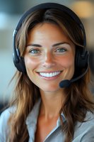 Young Caucasian female customer service representative wearing headset smiling at camera. Professional office worker in business attire providing remote support.