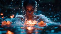 Young African American woman in mystical water scene with floating candles and water splashes, dramatic orange and blue lighting creates magical atmosphere.