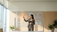 Professional businesswoman in gray suit presenting cloud computing technology with holographic interface displaying data security icons in modern office.