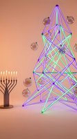 Modern geometric Christmas tree made of colorful neon lines with menorah and floating bubbles on pink background for holiday design and decoration.