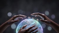 Hands hovering over a glowing crystal ball with swirling energy lines, bokeh background, mystical fortune telling concept.