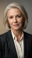 Professional mature Caucasian businesswoman with silver bob haircut in dark suit jacket and cream blouse, confident executive portrait for corporate use.