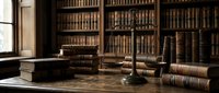 Vintage law office interior with antique books, wooden gavel and legal scales on desk. Classic attorney workspace with traditional leather-bound volumes for legal services.